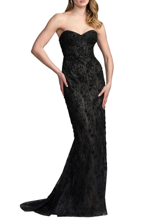 Beaded Strapless Bustier Gown With Satin Rose Cape