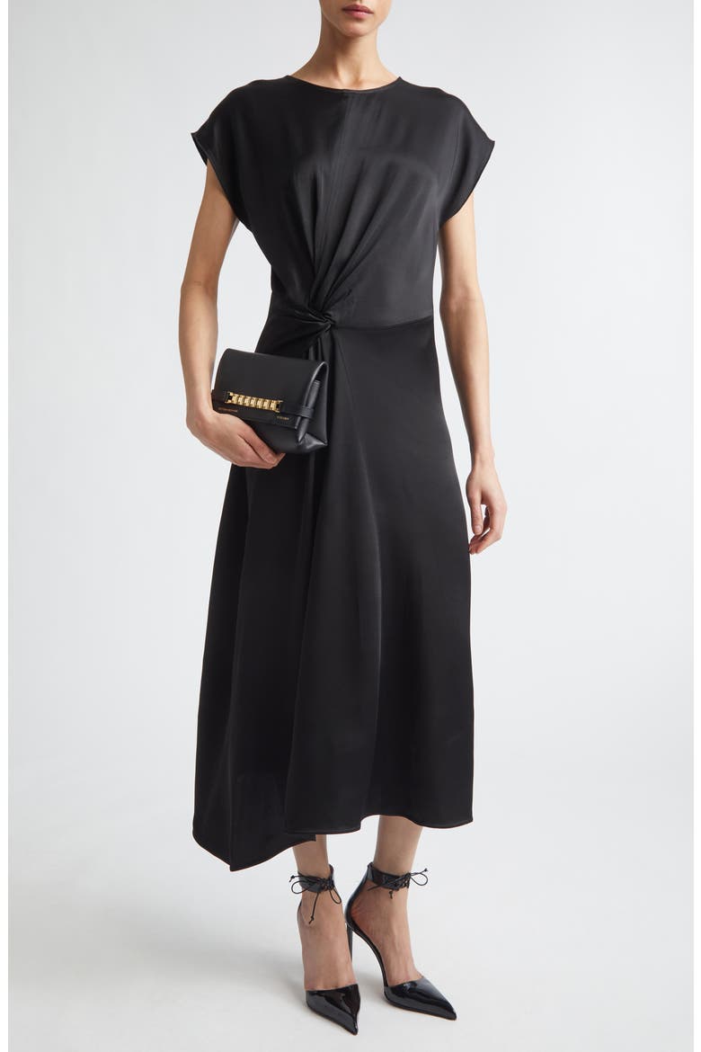 Aria Twist Waist Asymmetric Midi Dress, Alternate, color, BLACK