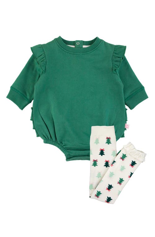 RuffleButts Cotton Jersey Bubble Romper & Holiday Leggings Set in Green 