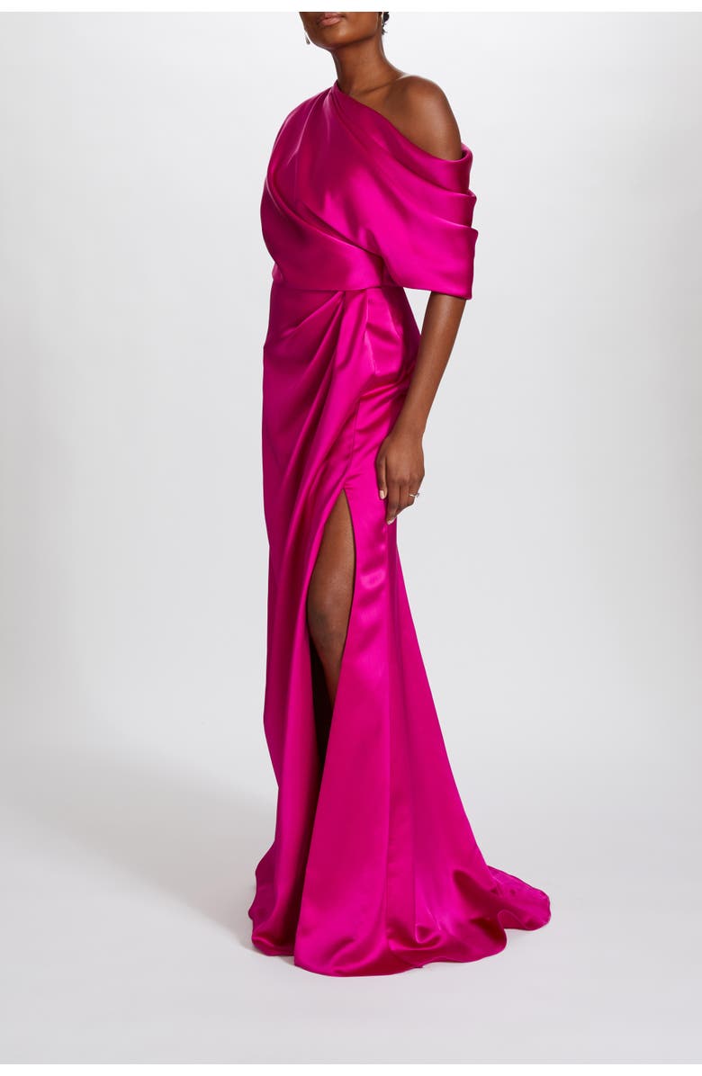 Amsale Fluid Satin Off-the-Shoulder Gown, Alternate, color, Fuchsia