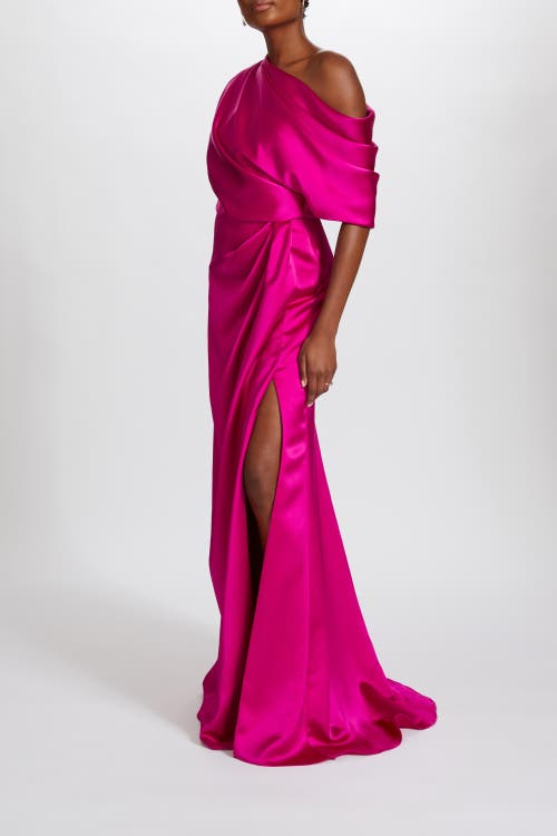 Amsale Fluid Satin Off-the-shoulder Gown In Pink