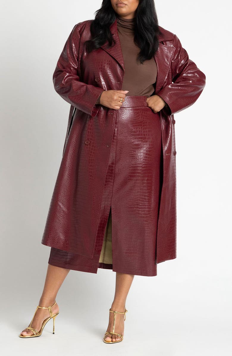 ELOQUII Croc Embossed Faux Leather Tie Belt Trench Coat, Main, color, 