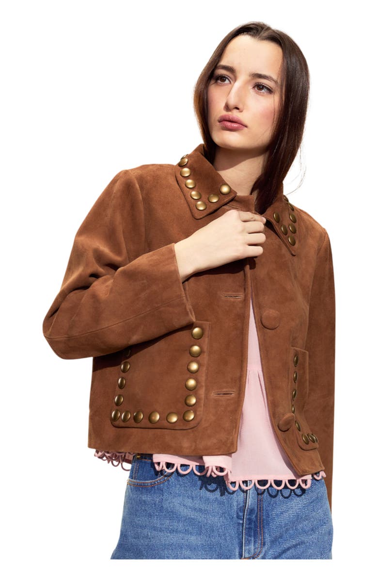 Cynthia Rowley Studded Suede Cropped Jacket, Alternate, color, Brown