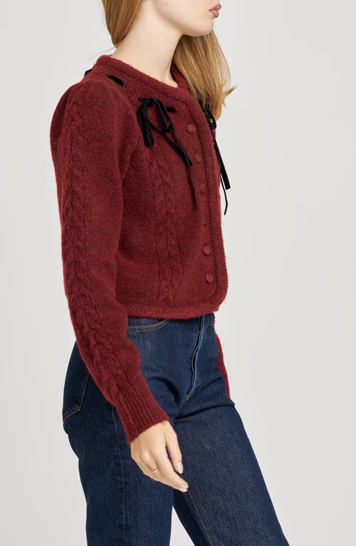 Wayf X Sara Walker Jackie Velvet Bow Cable Stitch Cardigan In Burgundy