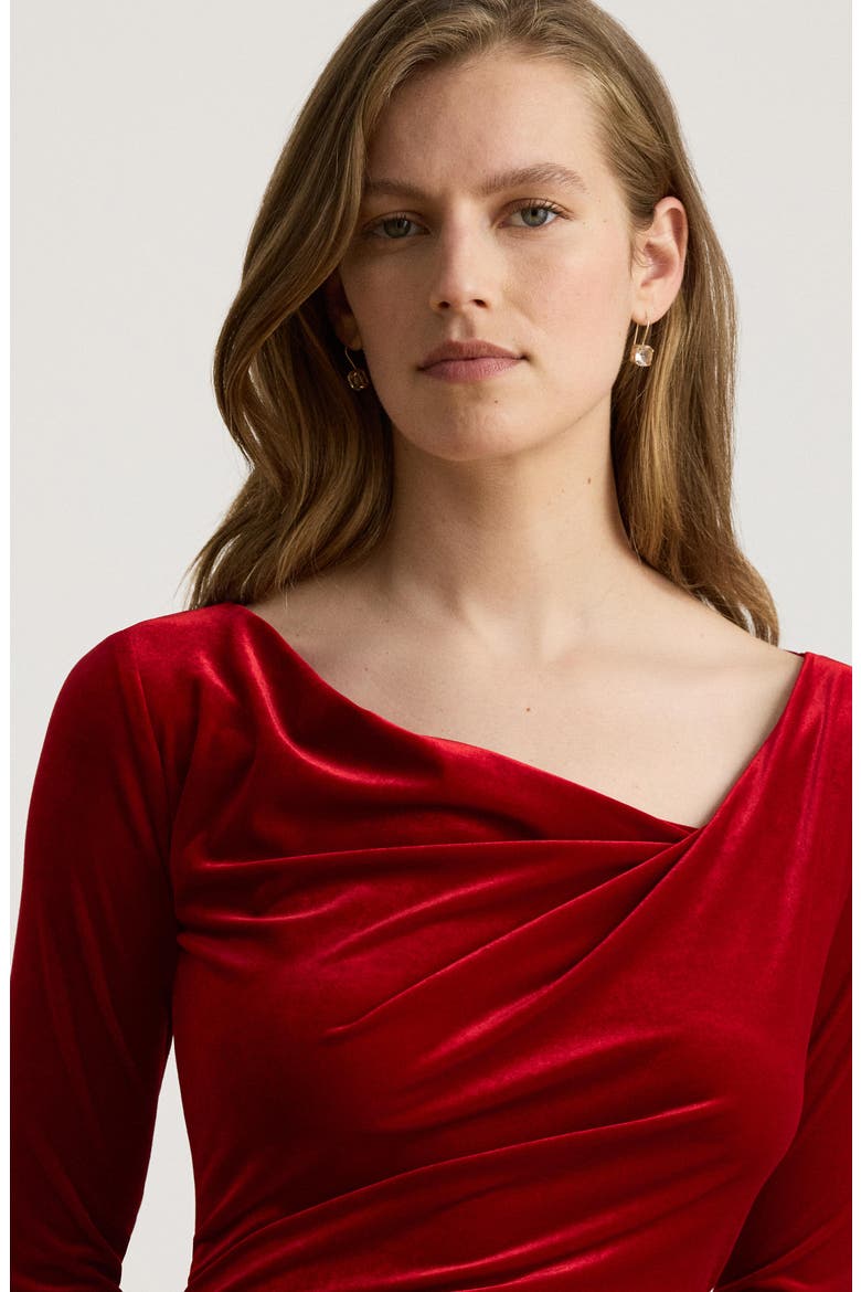 Draped Neck Long Sleeve Velvet Sheath Dress, Alternate, color, RED VELVET