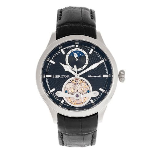 Heritor Automatic Men's Black / Silver Gregory Semi-skeleton Leather-band Watch With Moon Phase - Black, Silver In Black