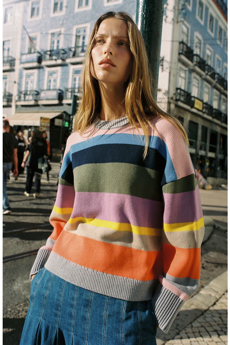 Lucy Relaxed Stripe Cotton Sweater, Alternate, color, GREEN MULTI
