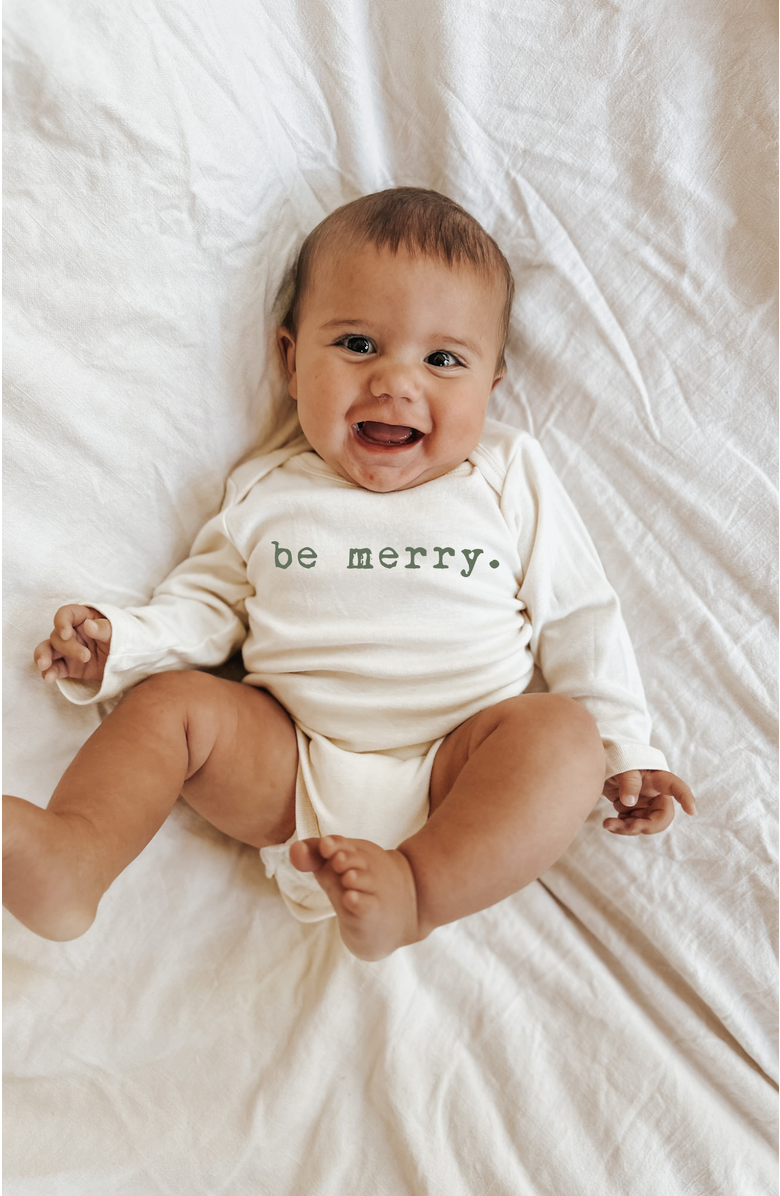 Tenth & Pine Be Merry - Organic Long Sleeve Baby Bodysuit, Alternate, color, Natural Olive Lettering