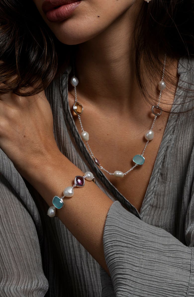 Dower & Hall Candy Gemstone & Baroque Pearl Pebble Necklace, Alternate, color, Sterling Silver