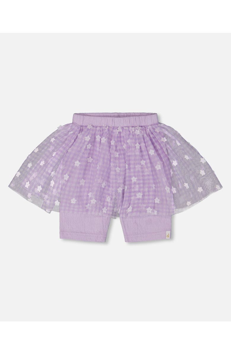 Deux par Deux Girl's Crinkle Biker Short With Flower Mesh Skirt Lilac With White Flowers, Main, color, 