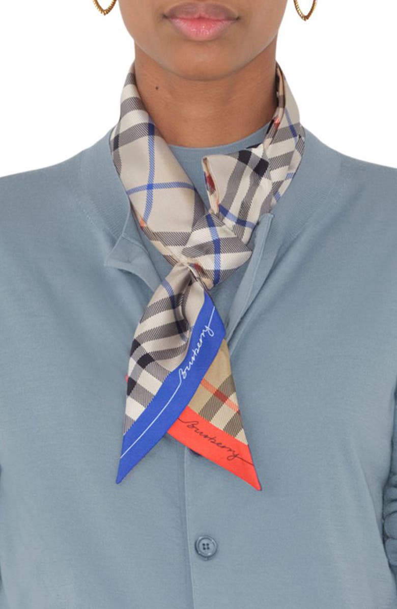 Burberry Check Silk Skinny Scarf, Alternate, color, Pewter/ Skylark