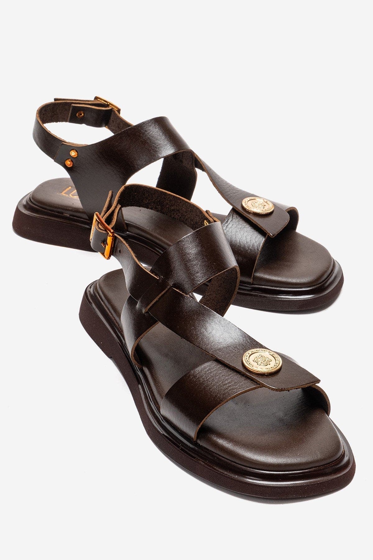 Forever & Always Shoes Quella Leather Buckle Sandal, Main, color, Brown