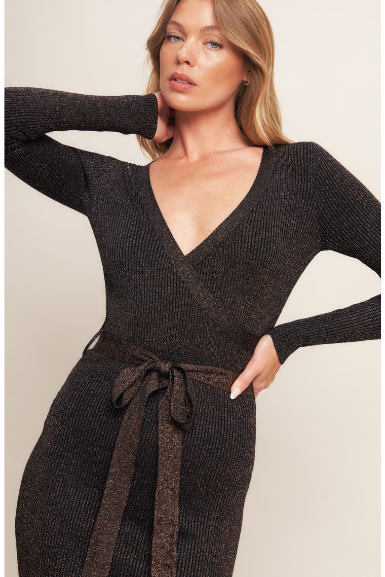 Long Sleeve Metallic Rib Midi Dress, Alternate, color, BLACK BRONZE