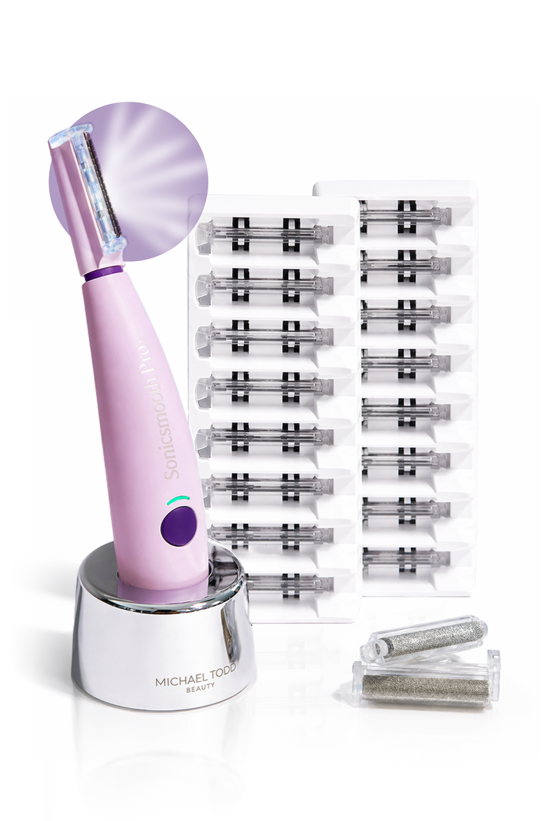 Sonicsmooth Pro+ 2 in 1 Facial Exfoliation & Peach Fuzz Hair Removal System, Main, color, A light, bright red shade.