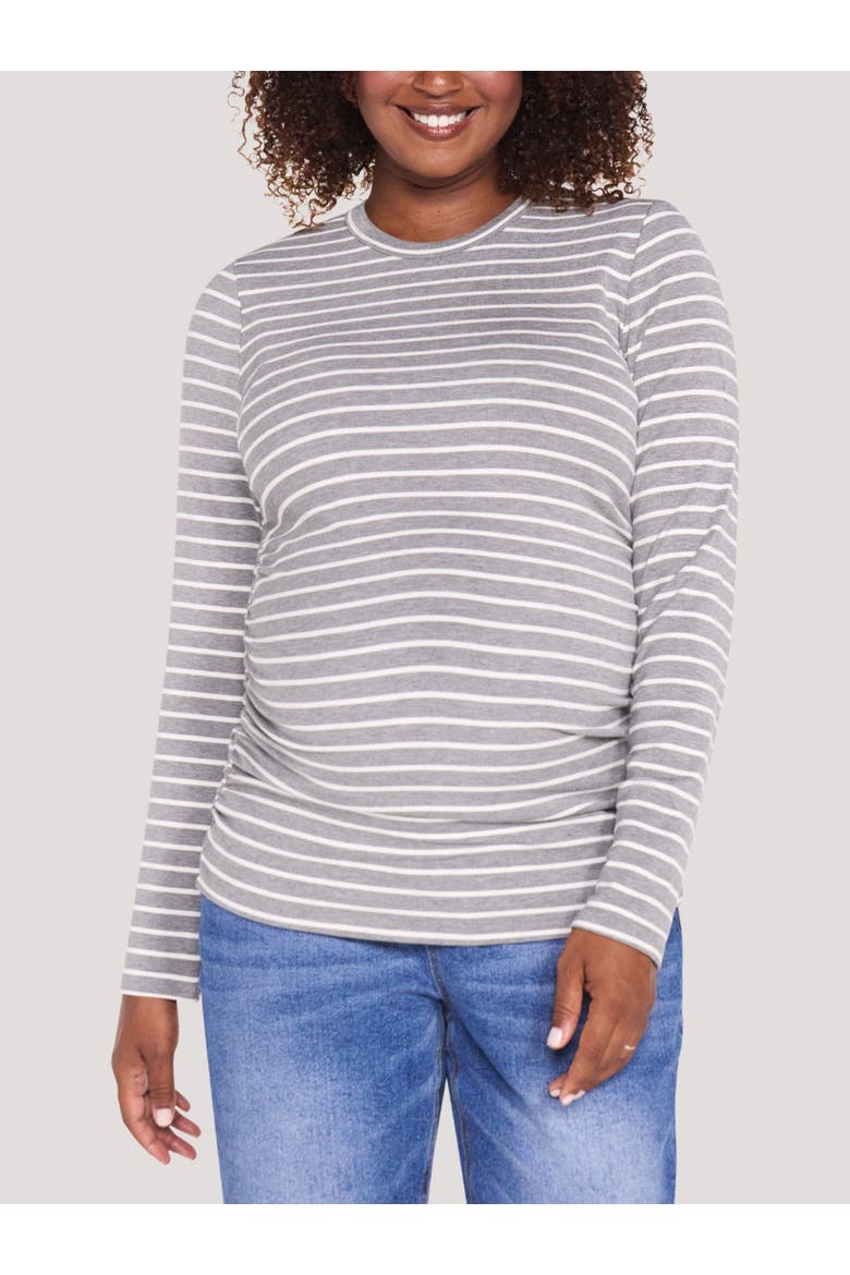 Crew Neck Long Sleeve Side Ruched Top, Main, color, Grey & Vanilla Ice Stripe