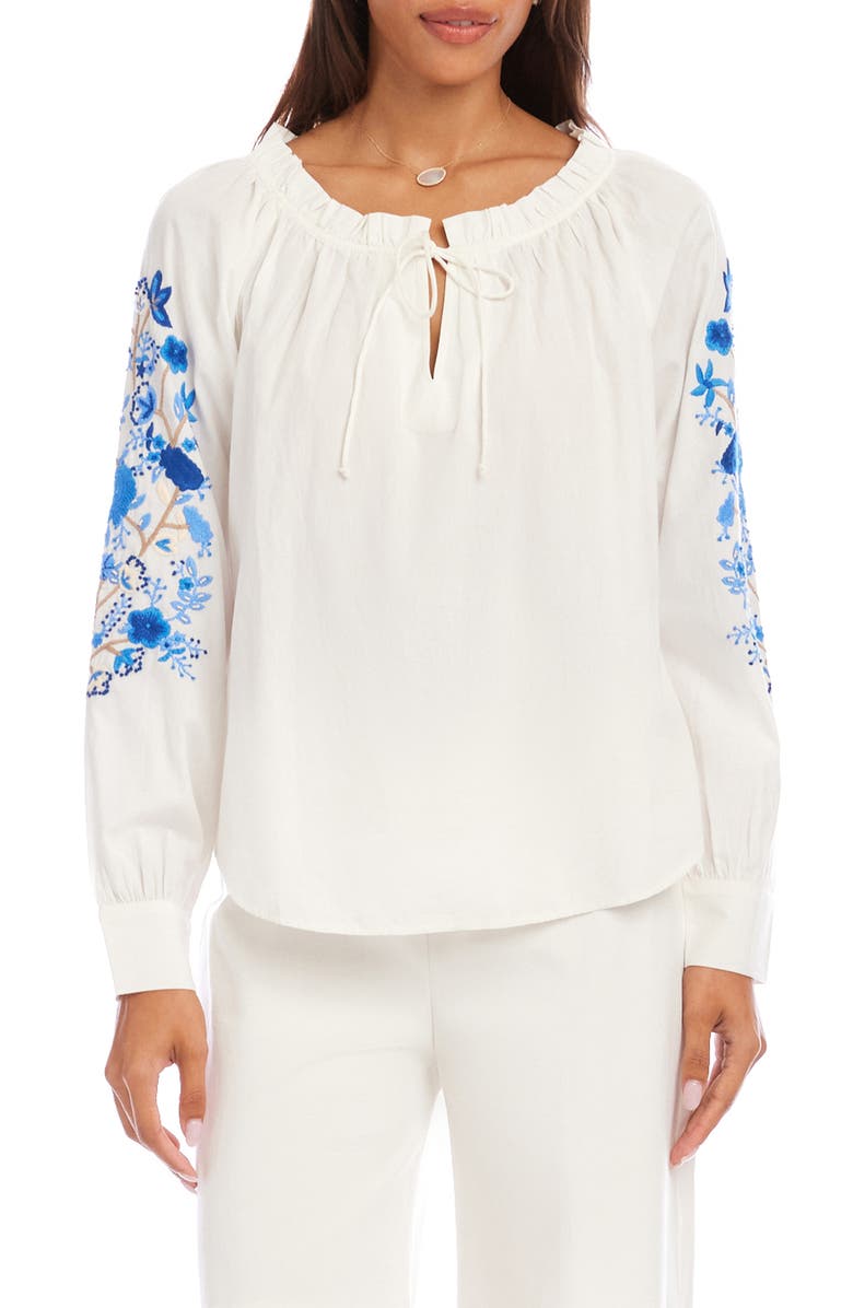 Karen Kane Floral Embroidered Cotton Peasant Top, Main, color, White