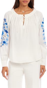Karen Kane Floral Embroidered Cotton Peasant Top