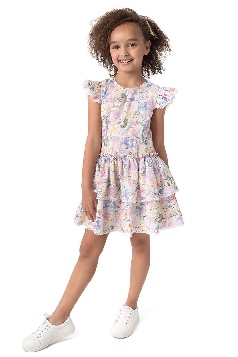 Kids' Printed Eyelet Drop Waist Dress, Alternate, color, LILAC
