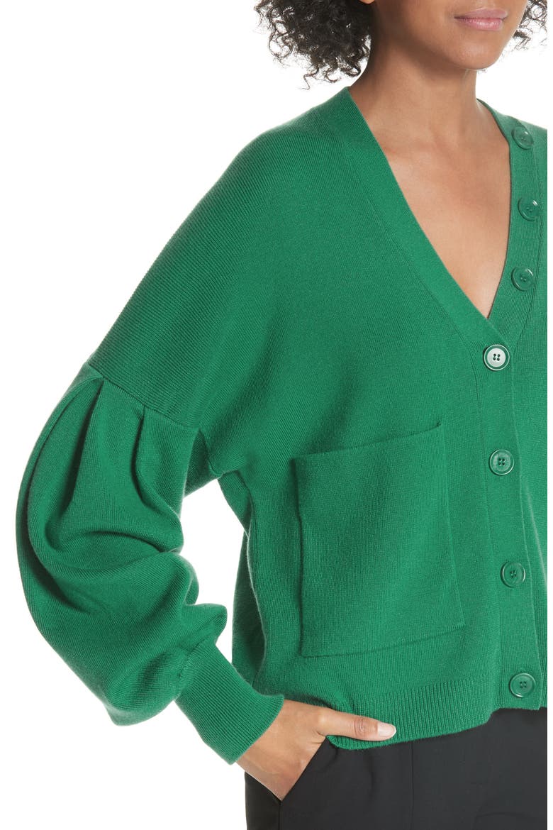 Pleated Sleeve Cardigan, Alternate, color, GREEN