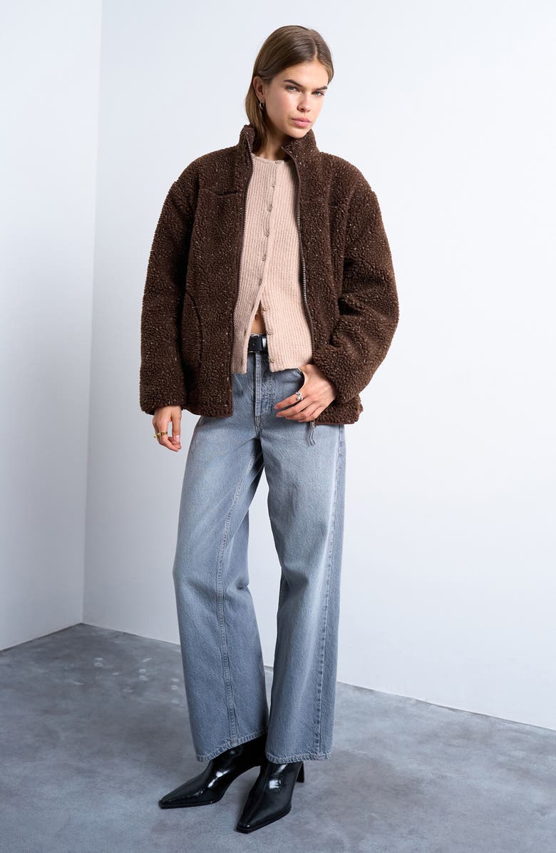 Topshop Oversize Fleece Jacket, Main, color, Dark Brown Multi