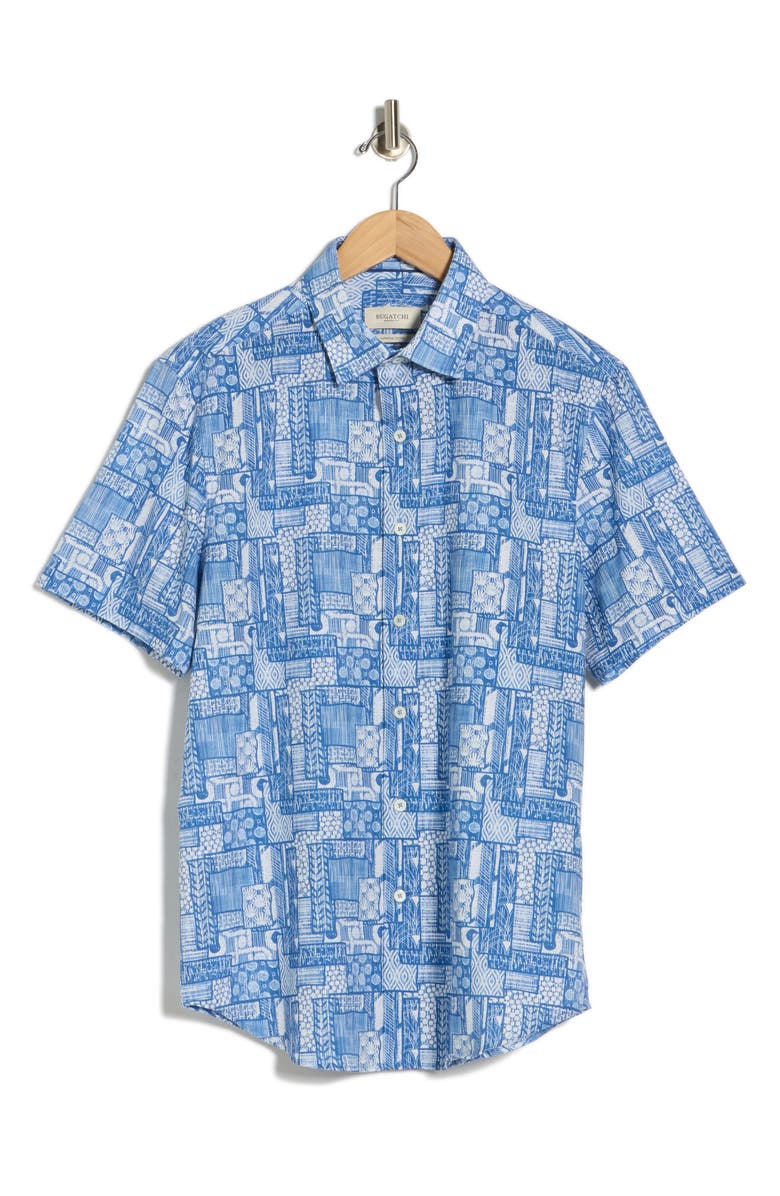 Bugatchi Print Short Sleeve Cotton Button-Up Shirt, Alternate, color, Classic Blue