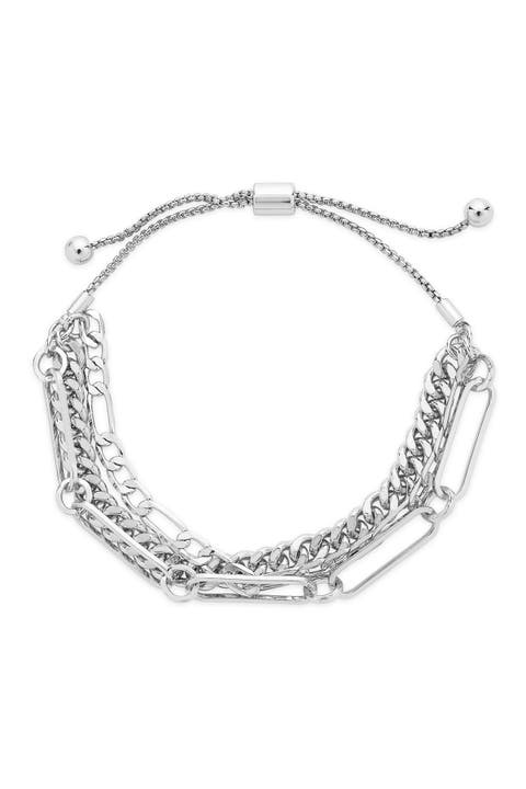 Rhodium Plated Layered Chain Bolo Bracelet