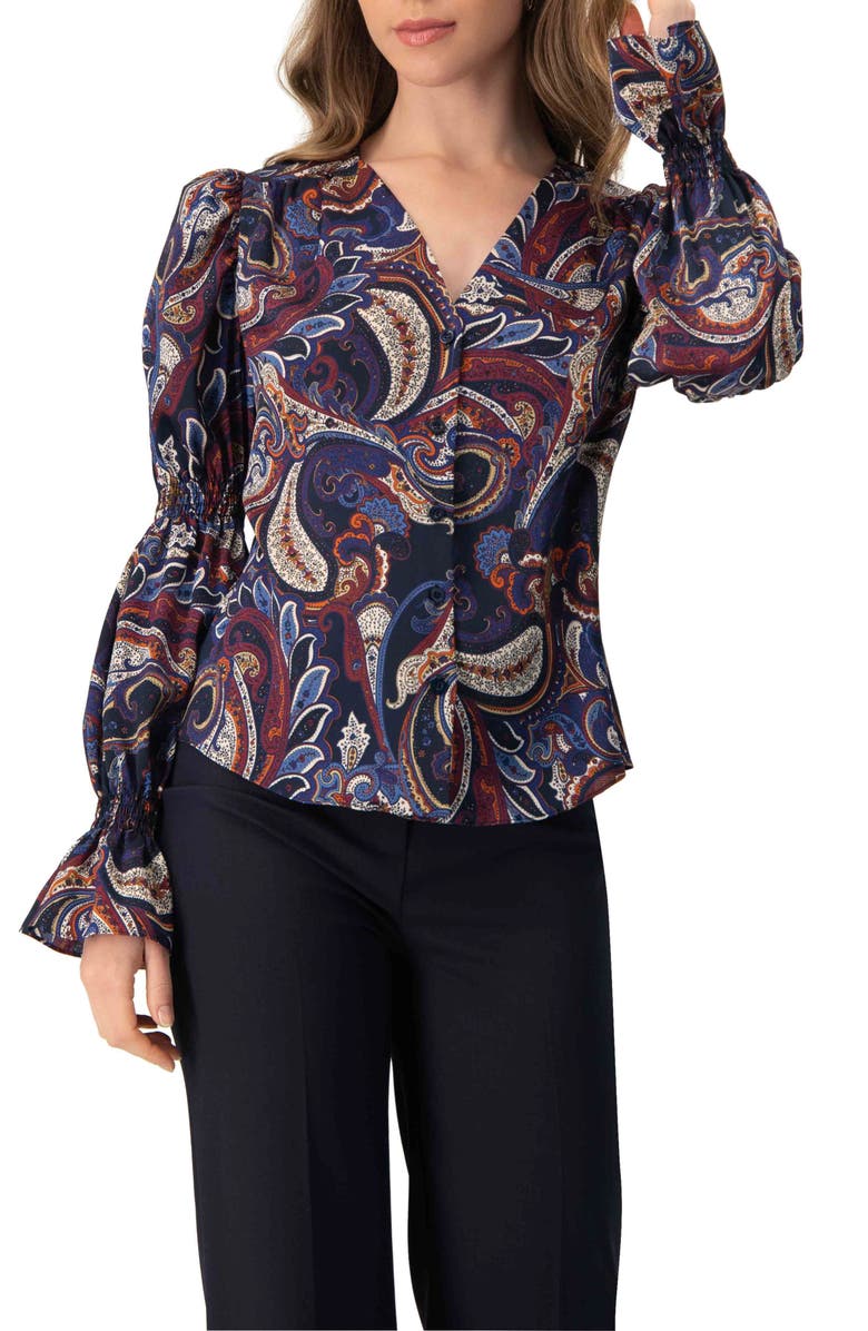 IVONNE V-Neck Printed Shirt With Smocked Sleeves, Main, color, Multi-Brown