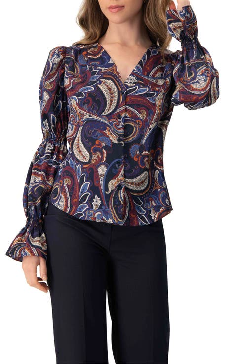 V-Neck Printed Shirt With Smocked Sleeves