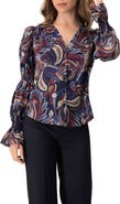 IVONNE V-Neck Printed Shirt With Smocked Sleeves