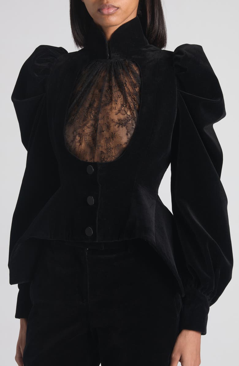 McQueen Lace Detail Velveteen Peplum Jacket, Alternate, color,