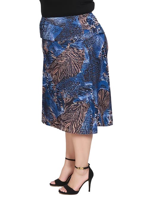 24seven Comfort Apparel Plus Size Blue Animal Print Midi Skirts In Animal Print
