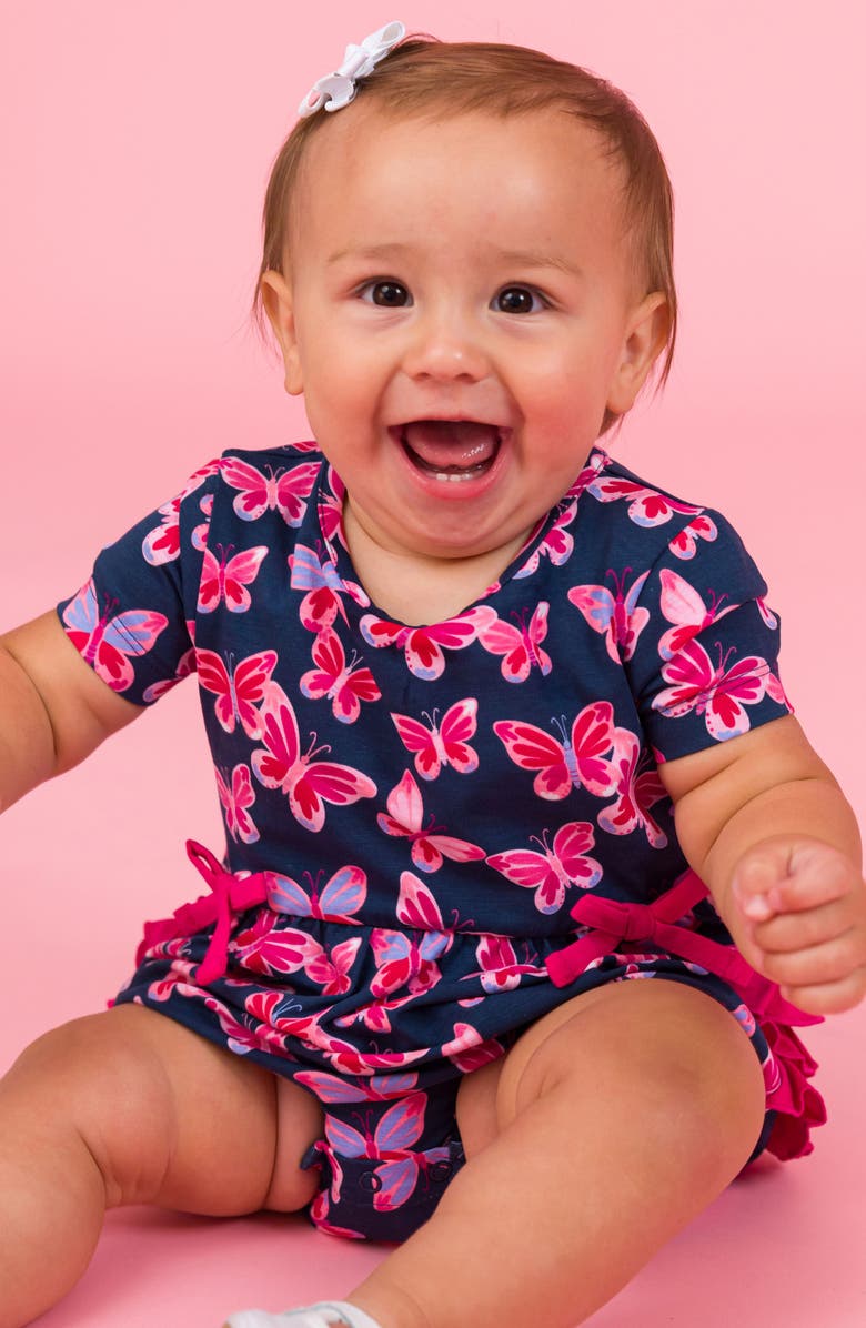 RuffleButts Butterfly Bliss Ruffle Cotton Bubble Romper, Alternate, color, Blue