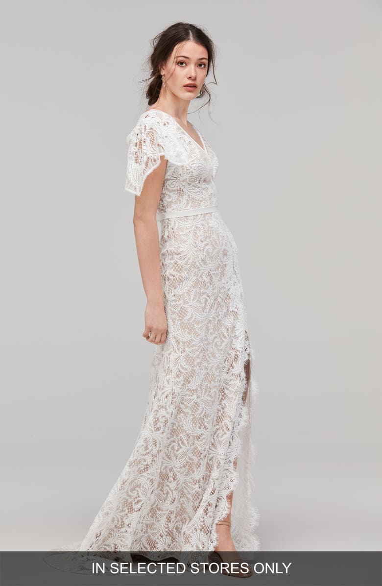 Willowby Udara Flutter Sleeve Lace Faux Wrap Gown, Main, color,