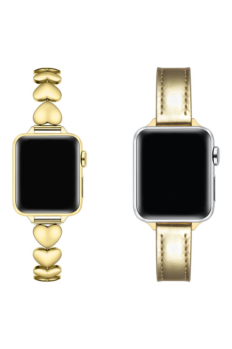 Carmen Lover 2-Pack Heart Link & Leather Apple Watch® Watchbands, Alternate, color, GOLD