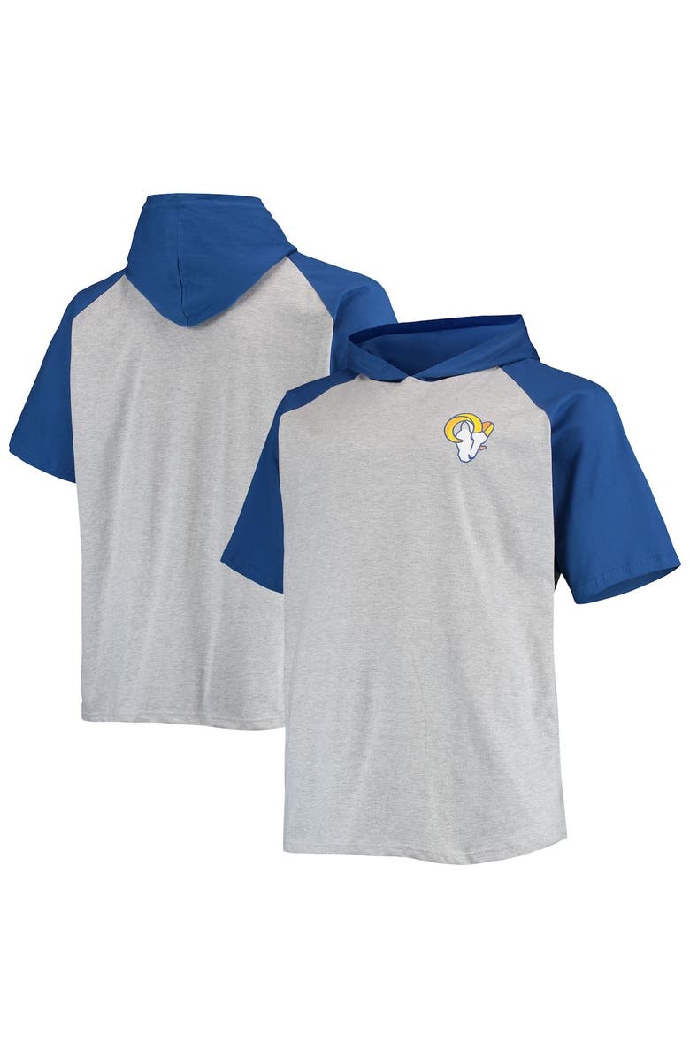 PROFILE Men's Heathered Gray/Royal Los Angeles Rams Big & Tall Raglan Short Sleeve Pullover Hoodie, Alternate, color, 