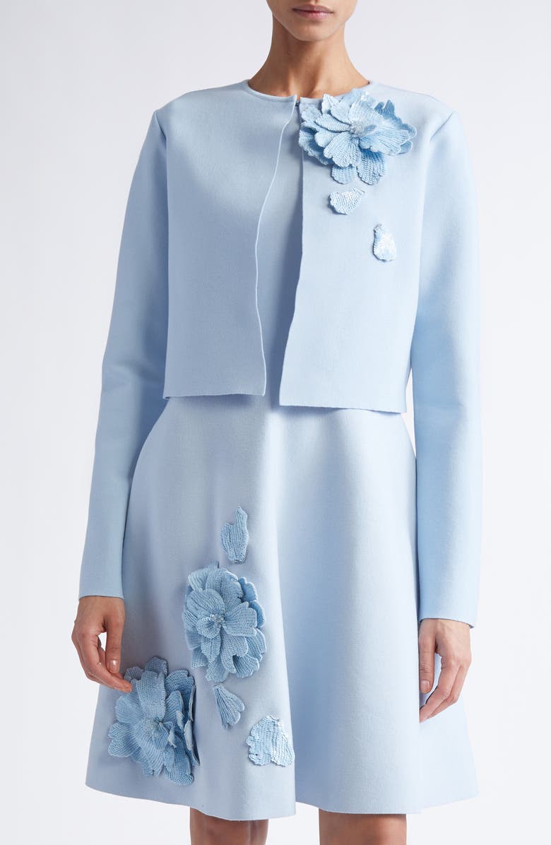 Oscar de la Renta Peony Appliqué Fitted Jacket, Main, color, Light Blue