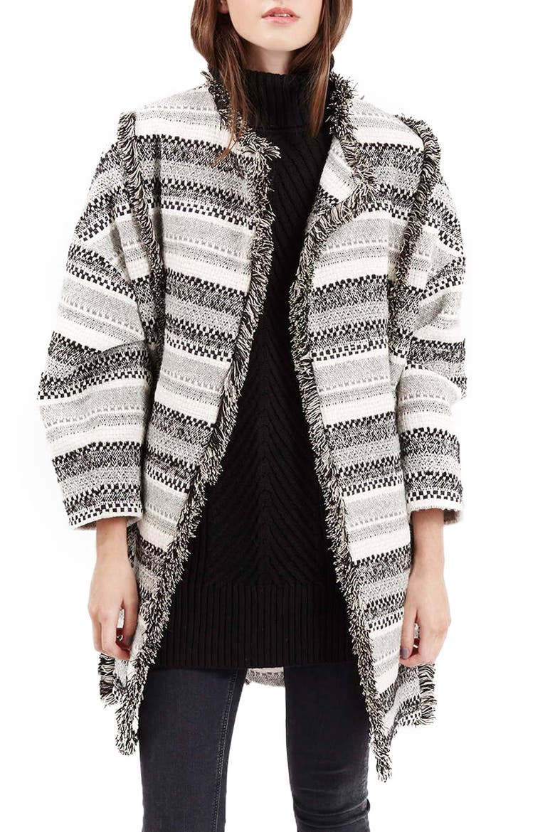 'Izzy' Fringe Trim Cardigan Coat, Main, color, GREY MULTI