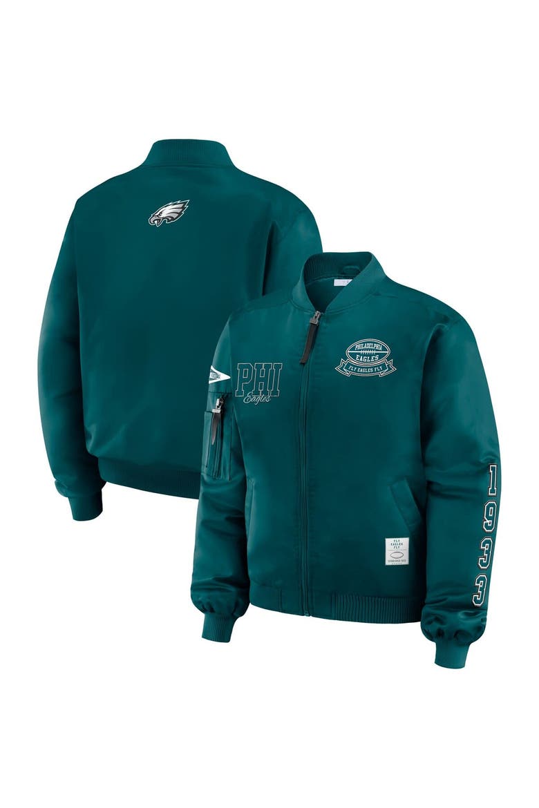 Women's WEAR by Erin Andrews Midnight Green Philadelphia Eagles Patch Full-Zip Bomber Jacket, Main, color, Green