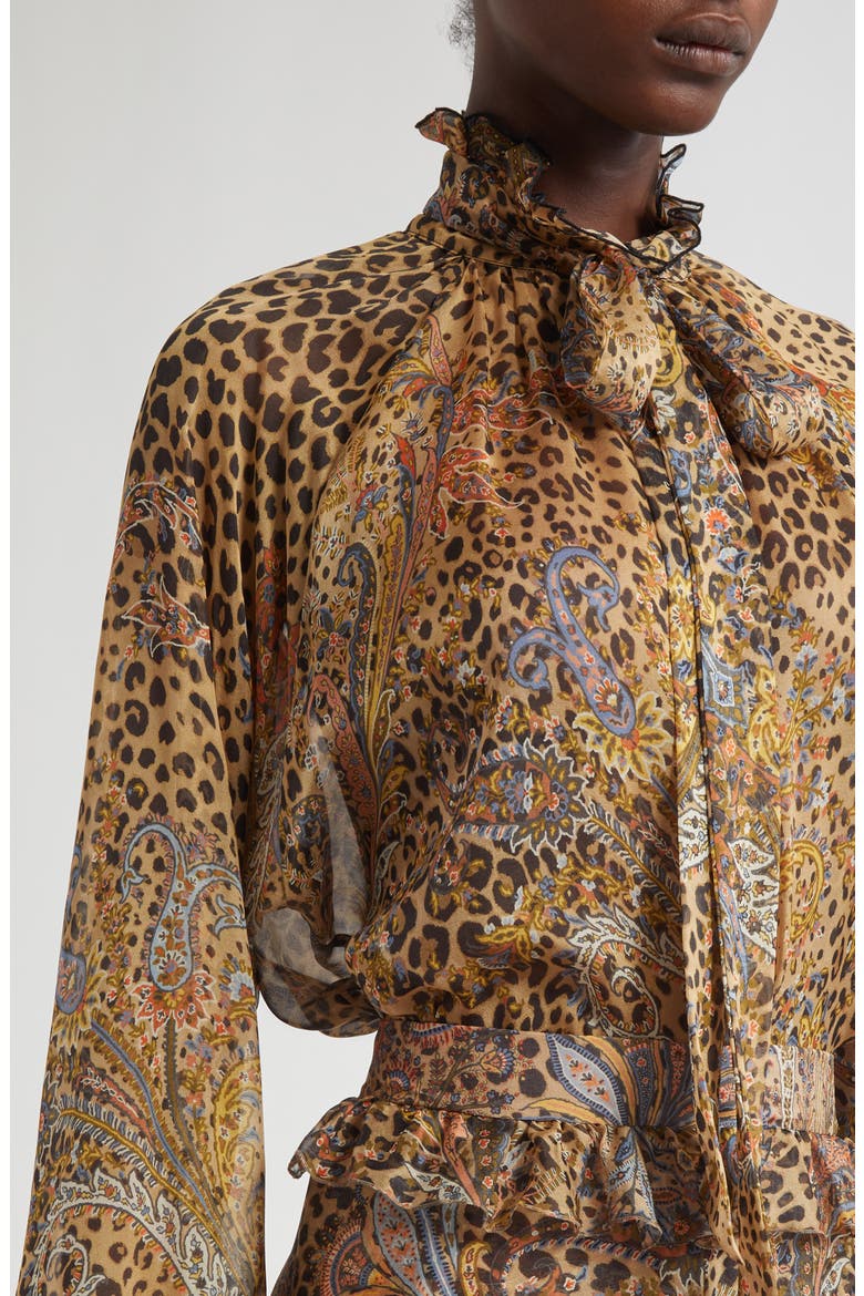 Paisley Leopard Spot Tie Neck Silk Shirt, Alternate, color, DARK BROWN