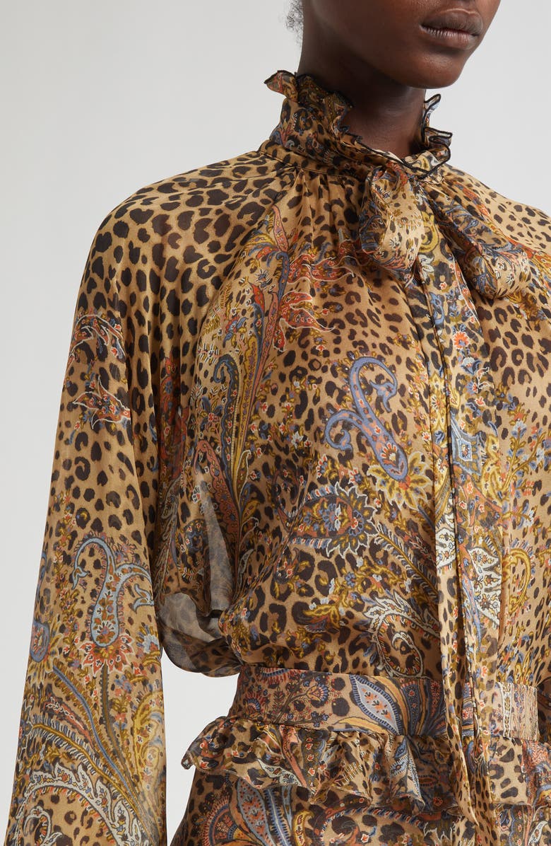 Etro Paisley Leopard Spot Tie Neck Silk Shirt, Alternate, color, Dark Brown