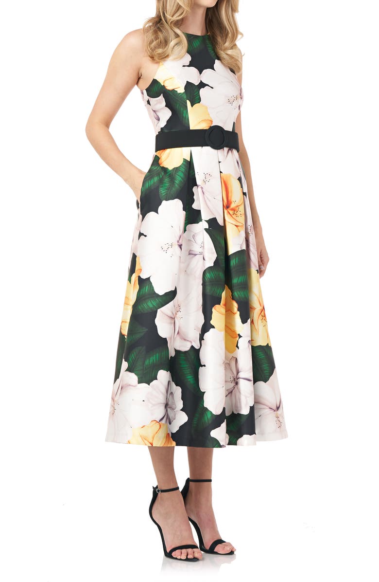 Kay Unger Floral Print Mikado Midi Cocktail Dress, Alternate, color, 