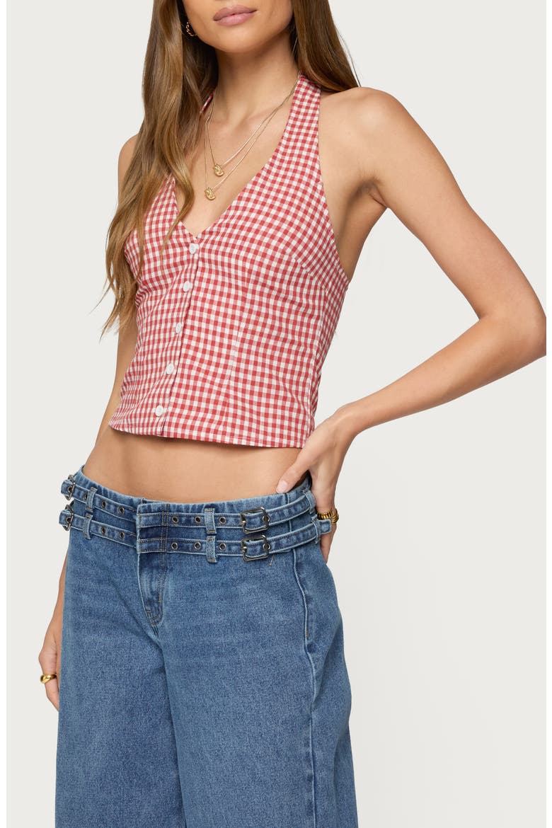 Evan Gingham Cotton Halter Top, Alternate, color, RED