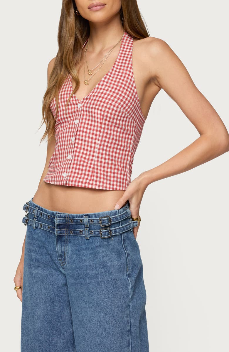 EDIKTED Evan Gingham Cotton Halter Top, Alternate, color, Red