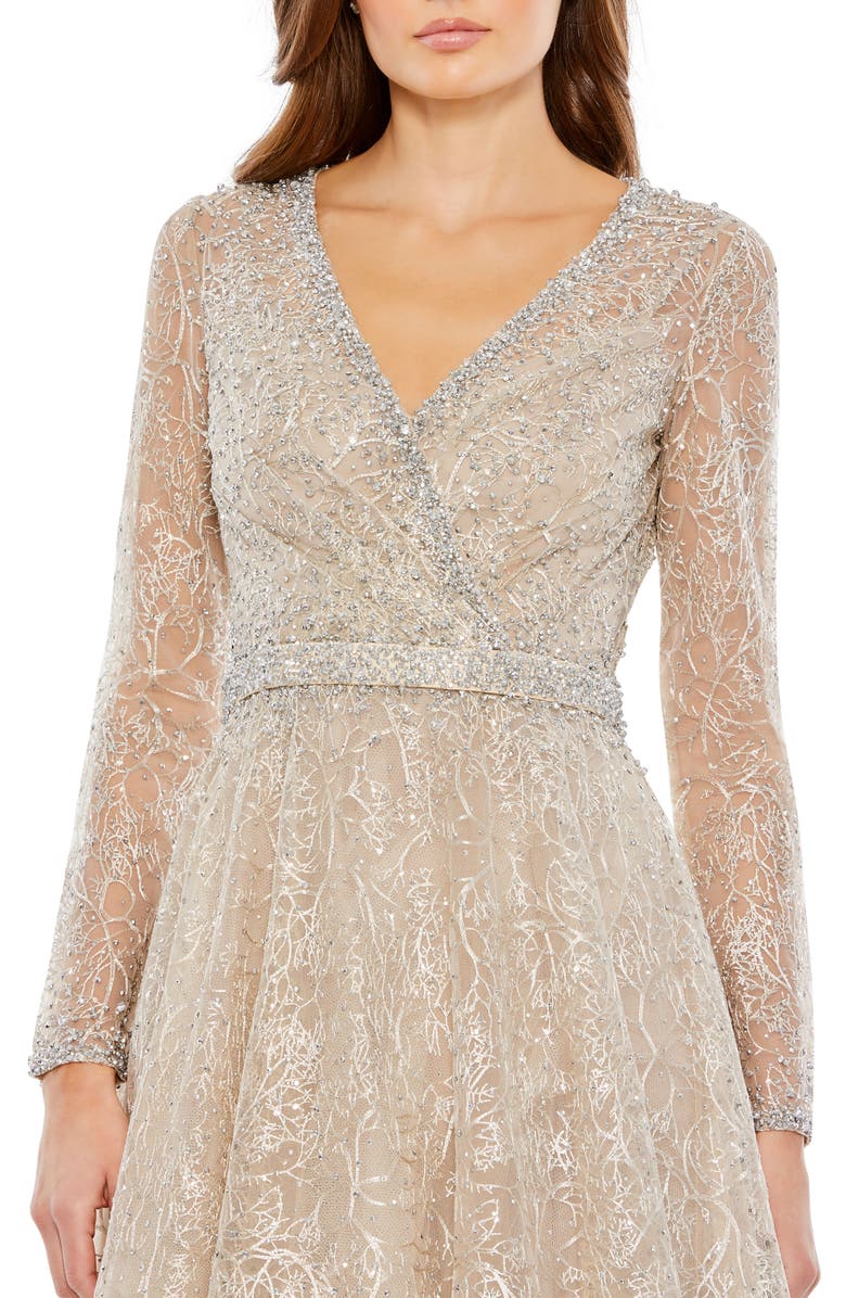 Mac Duggal Embellished Wrap Over Long Sleeve Midi Dress, Alternate, color, Taupe