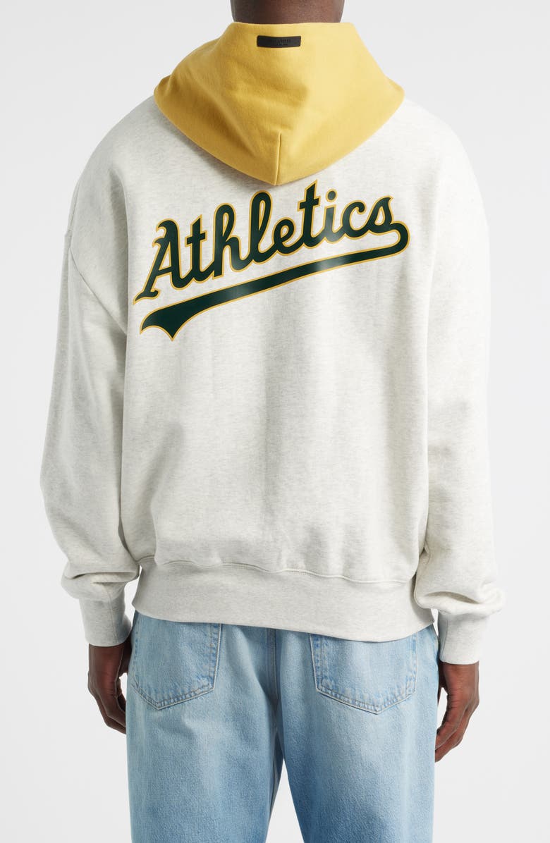 Fear of God Essentials MLB Athletics Sport Fit Cotton Graphic Hoodie, Alternate, color, Light Heather/ Yellow