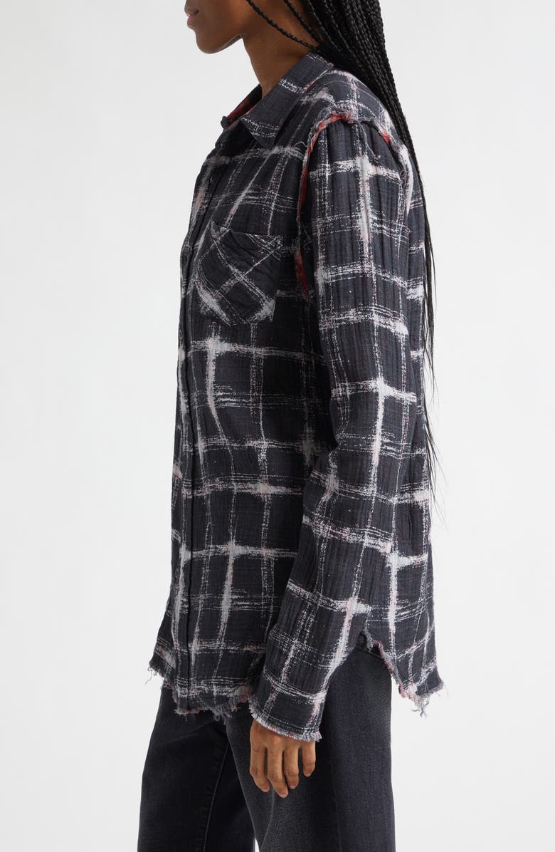 R13 Shredded Seam Drop Neck Reversible Cotton Gauze Button-Up Shirt, Alternate, color, Black Ecru Plaid Red Leopard