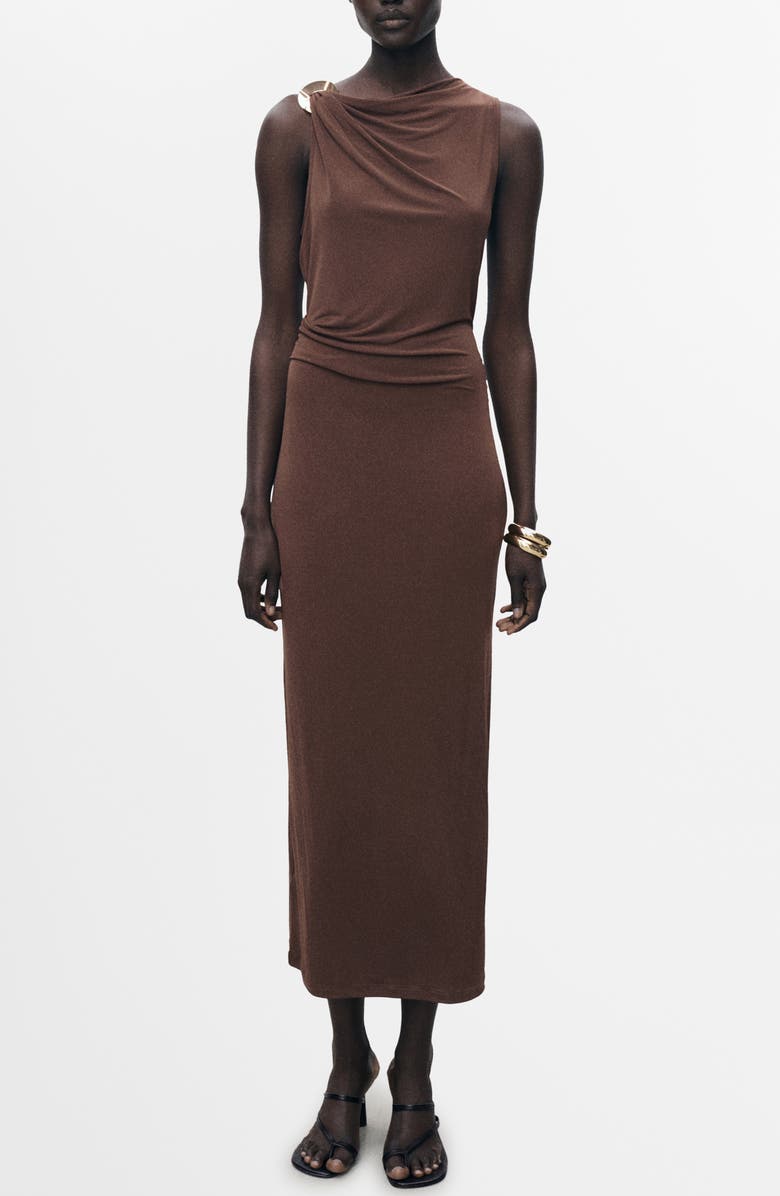 MANGO Draped Body-Con Maxi Dress, Main, color, Chocolate