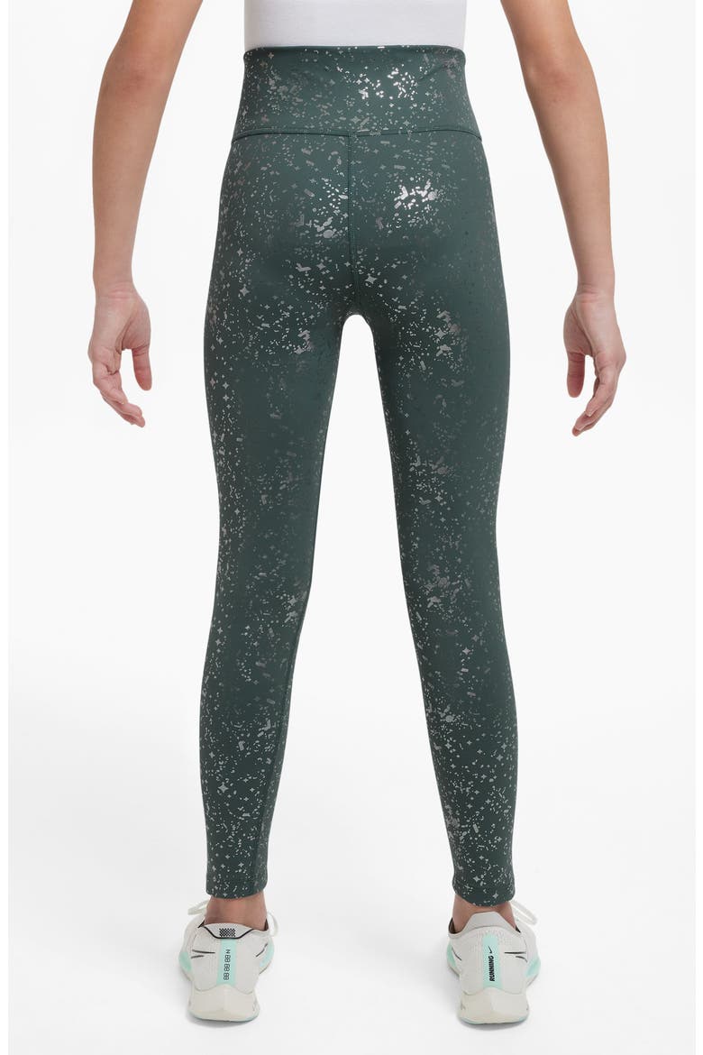 Kids' One Dri-FIT Leggings, Alternate, color, VINTAGE GREEN/ METALLIC SILVER