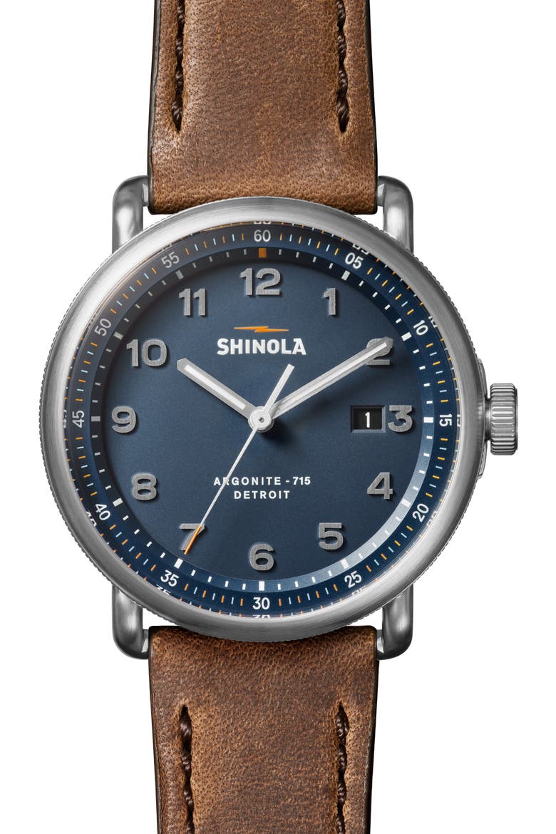 The Canfield Leather Strap Watch, 43mm, Main, color, BROWN