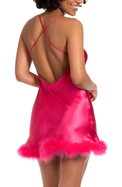 In Bloom By Jonquil Hollie Feather Trim Satin Chemise In Bright Rose